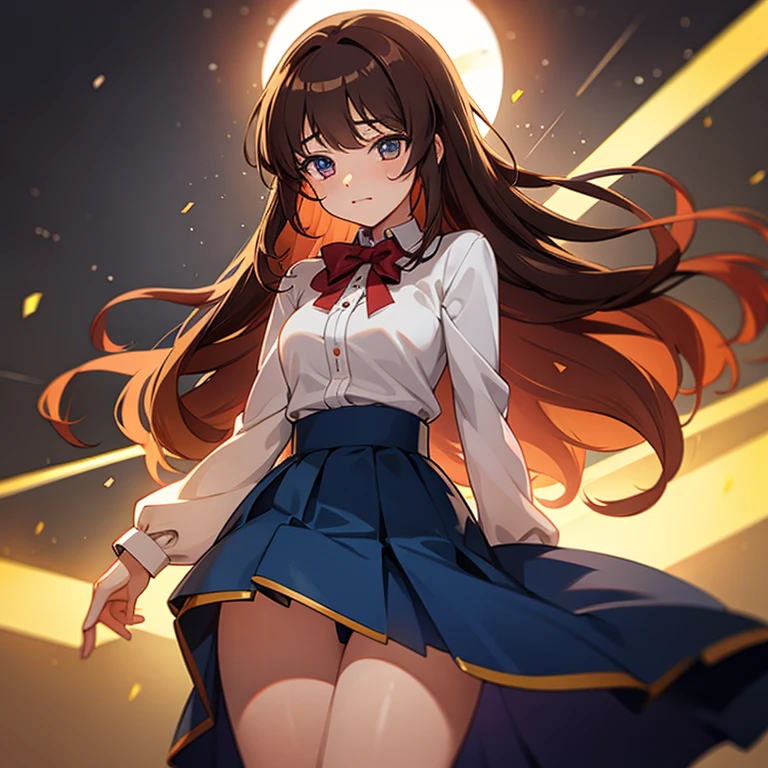 Girl, Goldia die Heilige, long brown hair, cherry coloured eyes, blouse, blue skirt, hentai