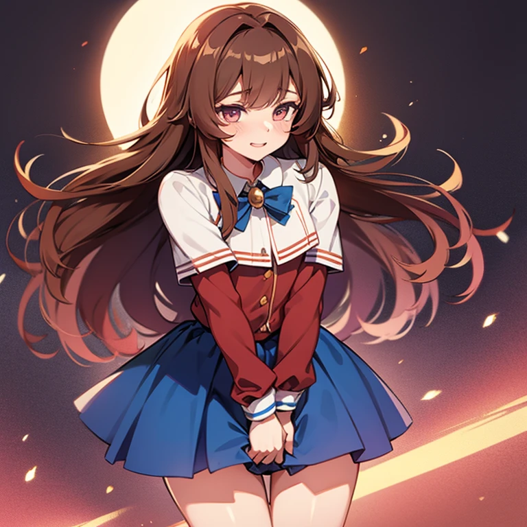 Girl, Goldia die Heilige, long brown hair, cherry coloured eyes, blouse, blue skirt, hentai