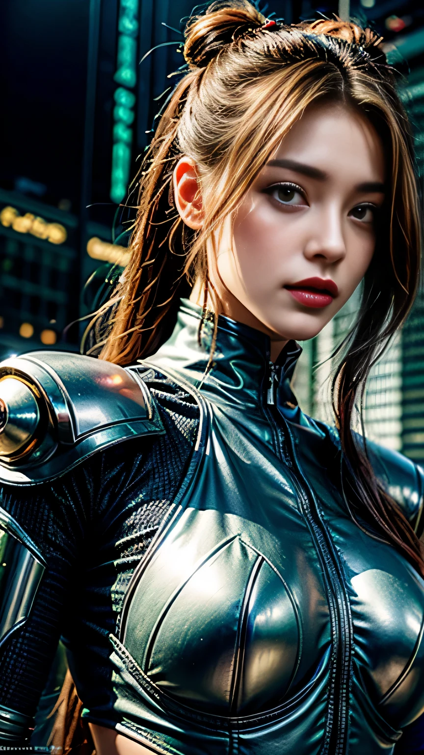 Highest quality, realistic, award-winning illustrations。The details are precise、Features clear lines and sharp focus。Produced as official art、Can also be used as an 8k wallpaper。The focus is on portraits of women who are absurd yet incredibly beautiful.。Cyberpunk cityscape and Valkyries、And a robot arm with advanced technology is drawn.、It also contains elements of fantasy art.。