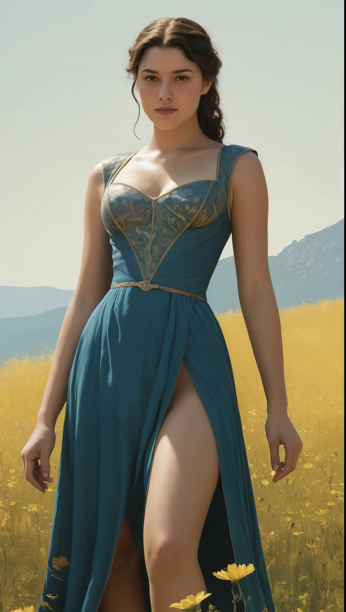 An illustrated movie poster, hand-drawn, full color, a teenage elven girl, wearing noblewoman's dress, resembles Mary Elizabeth Winstead, sun-tanned complexion, very tall, athletic, Amazonian body, curvy, toned midriff, bottom-heavy, generous hips, massive bubble-butt, long legs, ridiculously thick powerful thighs, dark hair, long loose waves, posing in a meadow of wildflowers, hard shadows, graphite shading, stencil marks, airbrushed acrylic paint, masterpiece, in the style of Game of Thrones