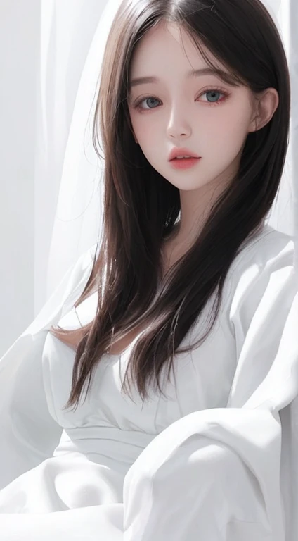 absurdres, (masterpiece, best quality), (ultra-detailed), extremely detailed,super high resolution, (Top Quality photorealistic Illustration), (Super Definition), (best quality,masterpiece:1.0),(cute illustration:1.3), (high Saturation:1.2), highres, ultra-detailed, 32k,8k resolution, intricate details, cinematic scene, detailed background, Soar (High chroma),(Sparkling),bathroom, BREAK (1 girl) (kawaii:1.6), (cute:1.6), Beautiful and delicate eyes, Delicate and beautiful face, Facial accents, Perfect figure,(open shirt:1.6), (show off nipples:1.6), (exposing bare breasts:1.3), (exposed chest:1.3), (medium breasts:1.3),,Uniforms、bright expression、poneyTail、Young shiny shiny white shiny skin、Best Looks、Natural black hair with dazzling highlights、shiny light hair,、Super long silky straight hair、Beautiful bangs that shine、Double eyelids、eye liner、Glowing crystal clear attractive big brown eyes、Very beautiful nice cute 14 year old Nordic girl、