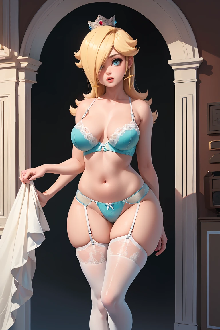 (best quality). (Ultra Detalhado). (1girl), Olhando para o Viewer. (Antecedentes detalhados). belos olhos detalhados. rosto delicado e bonito. (high saturation), seios grandes, droopy breasts, (((sexy blue lingerie))), (((white stockings))), (((long legs))),
