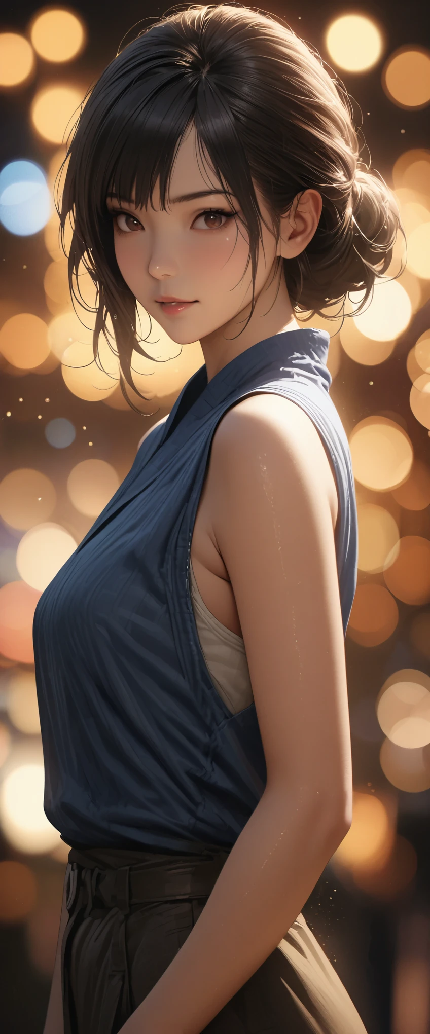 Miss,Japanese,blue shirt,sleeveless,realistic details, High resolution,Bokeh,Excellent details