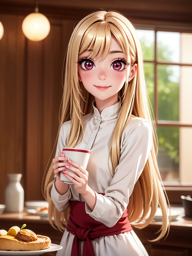 superb, amazing, Super high image quality, actual, girl, (beautiful face 1.4), (big deal, Tighten the waist), long blond hair, Red eyes, indoors, Bokeh, beautiful light, shiny skin, small head, Smile, dinner , holding cup