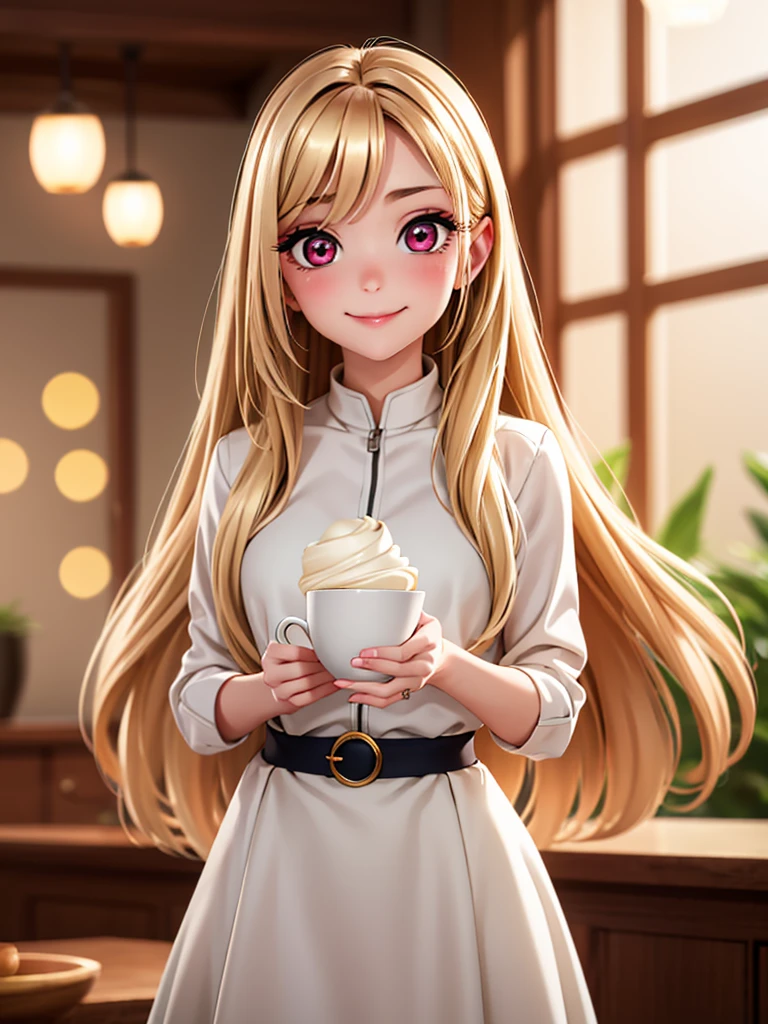 superb, amazing, Super high image quality, actual, girl, (beautiful face 1.4), (big deal, Tighten the waist), long blond hair, Red eyes, indoors, Bokeh, beautiful light, shiny skin, small head, Smile, dinner , holding cup