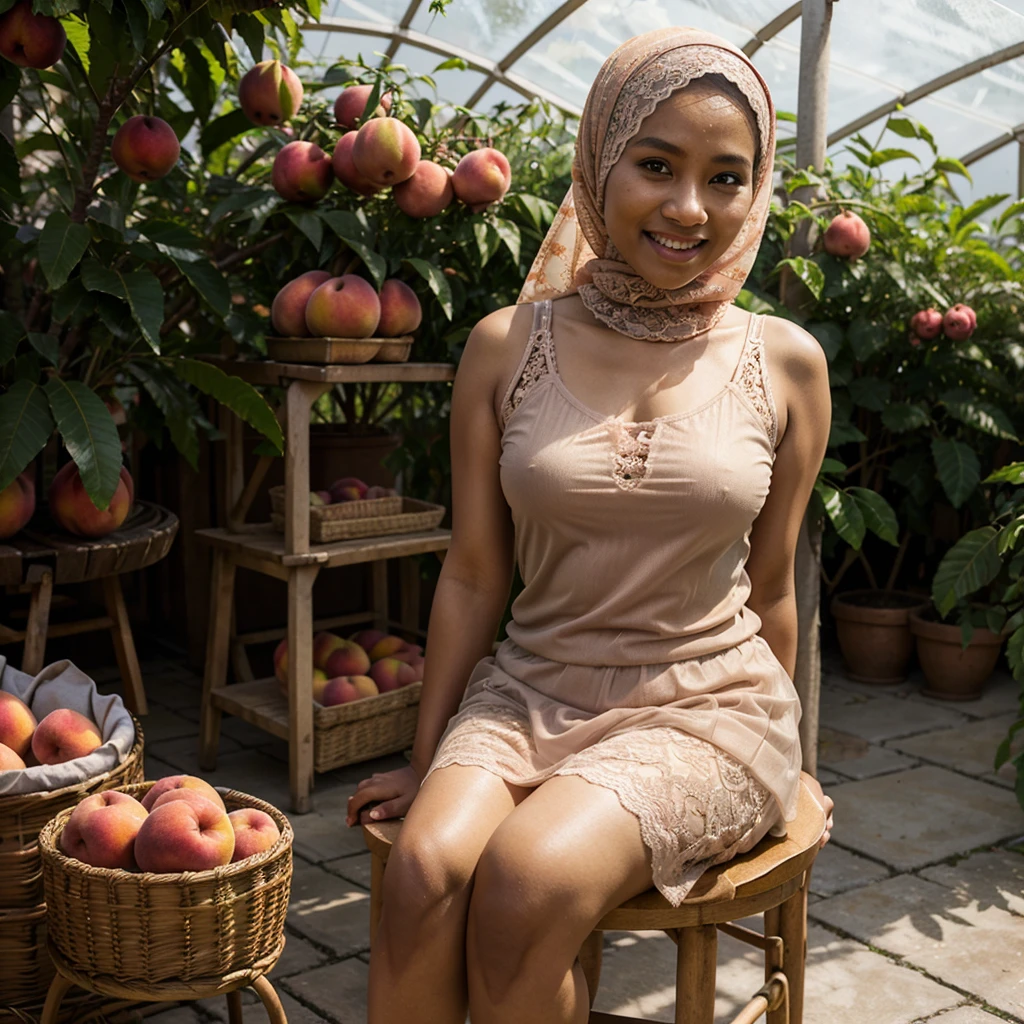 Realistic photo depicting 1 Indonesian woman in hijab, villager, poor woman, 52 years old, wearing peach color hijab jilbab, wearing see-through peach color lace camisole, wearing very short see-through peach color lace skirt, wearing no footwear, smiling, dark skin, curvy body, short body, sitting alone on a stool in fruit greenhouse, facing the camera, making it very realistic and detail