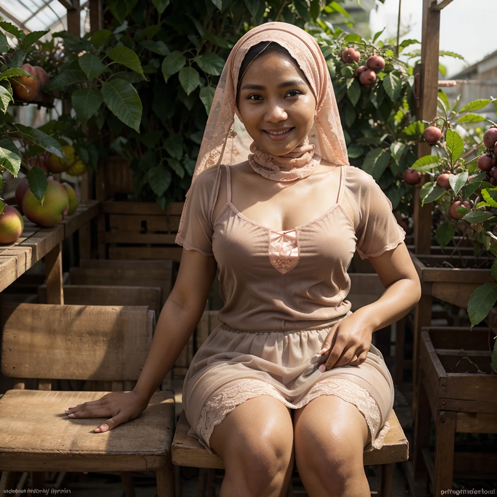 Realistic photo depicting 1 Indonesian woman in hijab, villager, poor woman, 52 years old, wearing peach color hijab jilbab, wearing see-through peach color lace camisole, wearing very short see-through peach color lace skirt, wearing no footwear, smiling, dark skin, curvy body, short body, sitting alone on a stool in fruit greenhouse, facing the camera, making it very realistic and detail