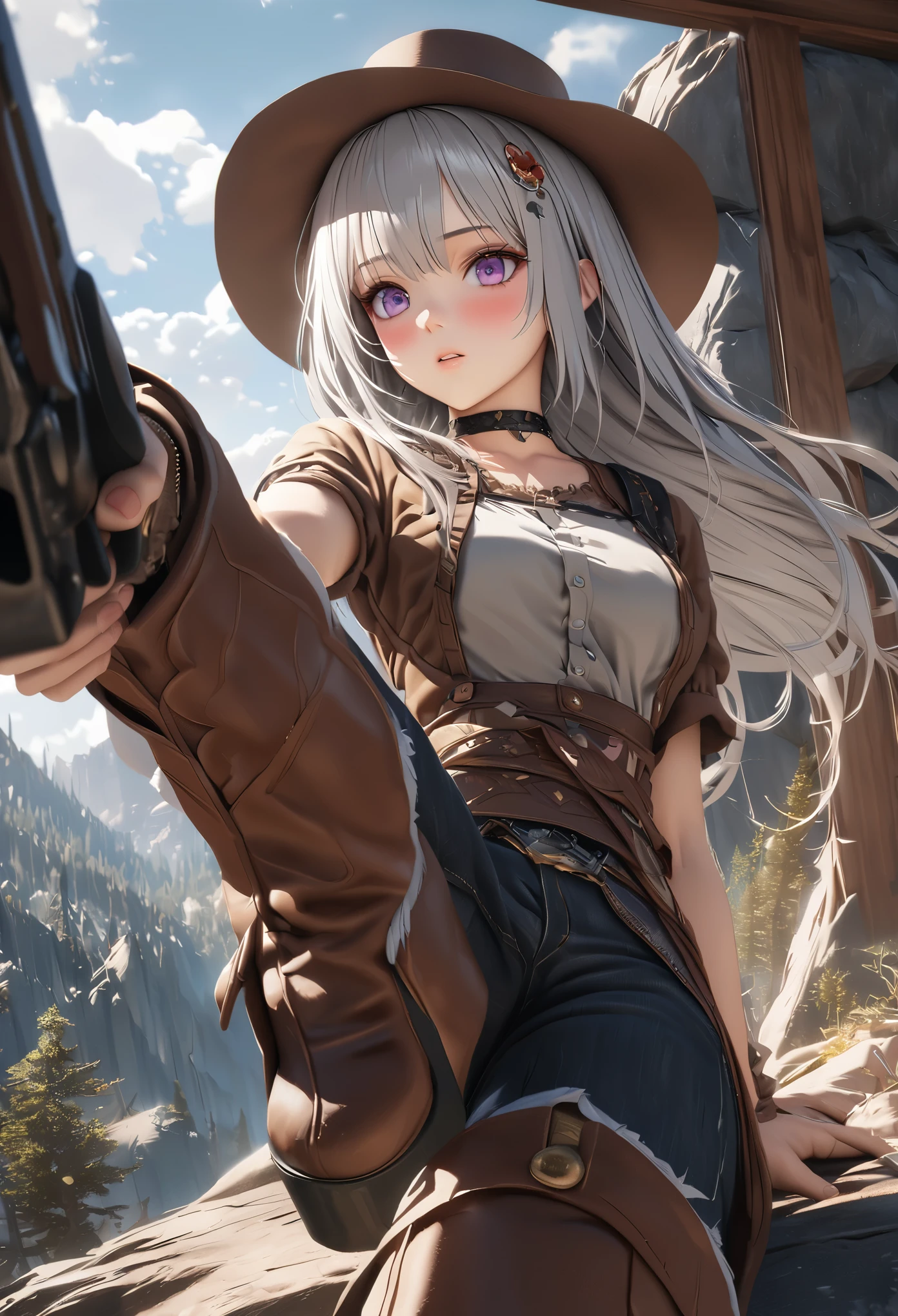 masterpiece,highest quality, Super detailed, High resolution, expensive resolution, HDR, 4k, 8K, unity 8k wallpaper, Super detailed CG, masterpiece, realistic, 2D, 3D, beautiful details, depth, fine texture , super fine: 1.3, Fully focused, Crispy.skin, .he, Very cute anime girl 、Desolate wilderness、cowboy styleの衣装、cowboy hat、cowboy boots、hand gun、mexican wilderness、duel、hand gunを持って立っている、long silver hair wearing expensive , one girl、alone, long silver hair, cowboy style、cowboy hat、hand gun、duel、cowboy bootole under the eye, looking at the viewer , expensive , blush, mole, parted lips, hair ornaments, heart, purple eyes, choker