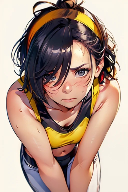 (highest quality, 8K, oil, table top:1.2), Super detailed, (realistic, realistic:1.37), (((full body shot)))、Bright colors, (((my face is sweaty)))、(((yellow sports bra)))、(((English Print Sports Bra)))、(((２０Women of a certain age)))、(((yellow sports bra)))、(((The sports bra has letters printed on it)))、(((slightly smaller chest)))、 (((black hair)))、(((shoulder length bob hair)))、((( white background))), (((tired look)))、(((heavy breathing)))、(((girly hairstyle)))、(((beaver)))、(((in front of a white wall)))、(((Nothing above the head)))、