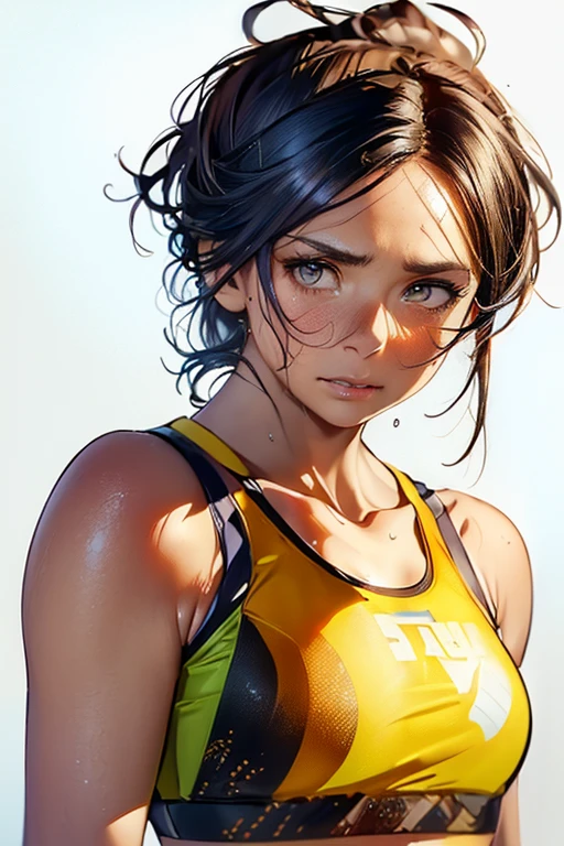 (highest quality, 8K, oil, table top:1.2), Super detailed, (realistic, realistic:1.37), (((full body shot)))、Bright colors, (((my face is sweaty)))、(((yellow sports bra)))、(((English Print Sports Bra)))、(((２０Women of a certain age)))、(((yellow sports bra)))、(((The sports bra has letters printed on it)))、(((slightly smaller chest)))、 (((black hair)))、(((shoulder length bob hair)))、((( white background))), (((tired look)))、(((heavy breathing)))、(((girly hairstyle)))、(((beaver)))、(((in front of a white wall)))、(((Nothing above the head)))、