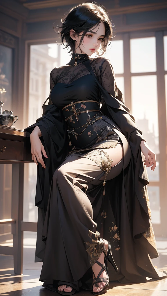 (Highly detailed CG unit 8k wallpaper, masterpiece, High resolution, highest quality, highest qualityのリアルテクスチャスキン), Woman sitting in an elegant chair and stretching her legs:1.4, A cool fashion girl influenced by nostalgic and inorganic fashion, Asymmetrical short hair, Neatly trimmed eyebrows, detailed costume, Layered tight maxi skirt coordination, blurred background, hyper realistic, digital painting, concept art,