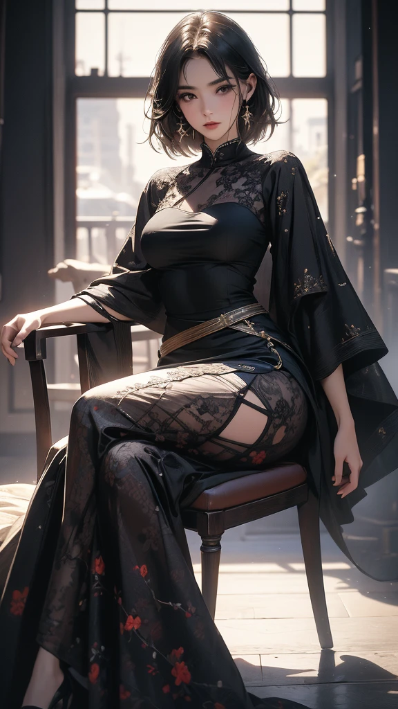 (Highly detailed CG unit 8k wallpaper, masterpiece, High resolution, highest quality, highest qualityのリアルテクスチャスキン), Woman sitting in an elegant chair and stretching her legs:1.4, A cool fashion girl influenced by nostalgic and inorganic fashion, Asymmetrical short hair, Neatly trimmed eyebrows, detailed costume, Layered tight maxi skirt coordination, blurred background, hyper realistic, digital painting, concept art,