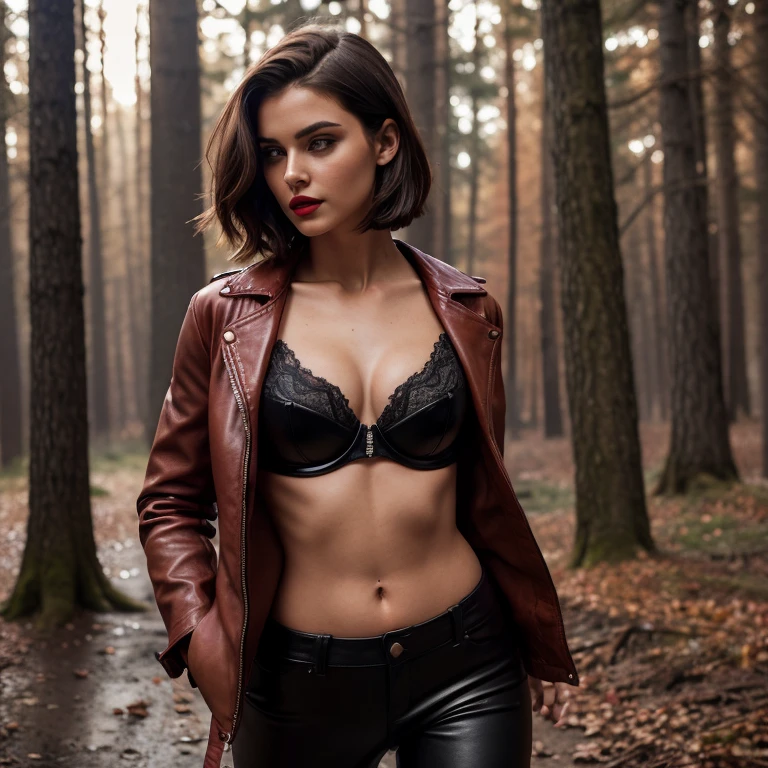 realistic photograph, realistic proportions, woman of white descent, beautiful woman, 20 year old woman, Burnt umber eyes, Dark brown hair cut in a blunt bob style, red lipstick, red leather jacket, red jacket, black leather pants, black bra, in dark woods, dark sky, toned build