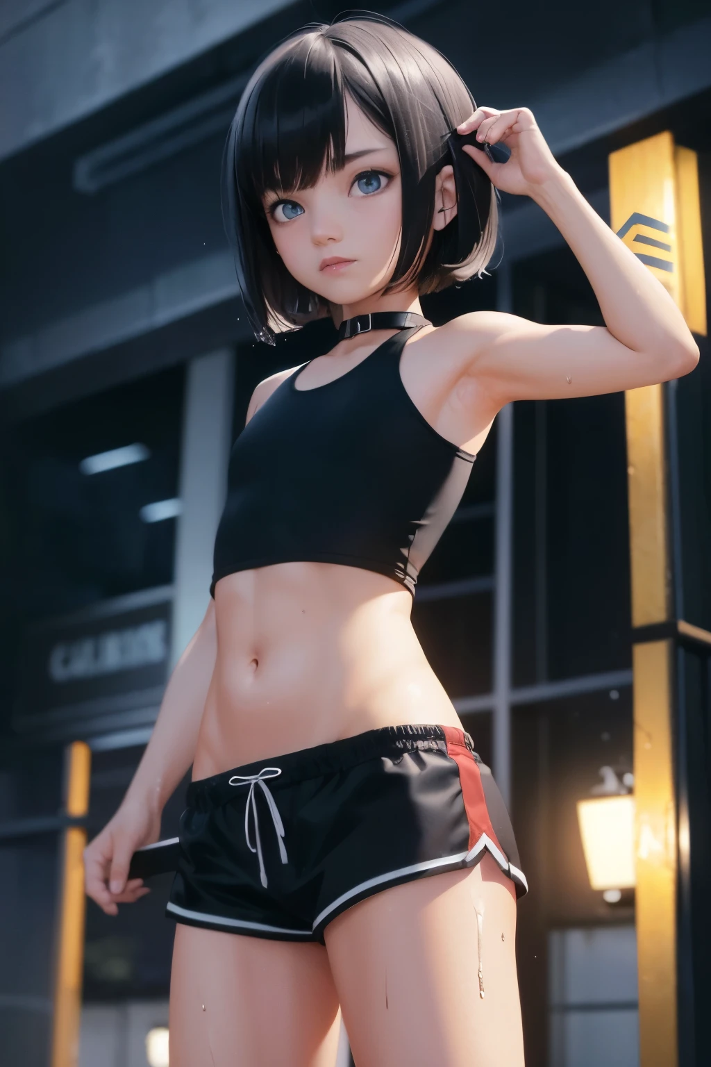 ((Flat chest, tomboy girls, 13 year old, small head)), nighttime, moonlight, (chiseled abs : 1.1), (perfect body : 1.1), (short wavy hair : 1.2) , black hair, collar, chain, full body shot, crowded street, wearing short thin black tanktop, ((red tight athletic short shorts)), (extremely detailed CG 8k wallpaper), (an extremely delicate and beautiful), (masterpiece), (best quality:1.0), (ultra highres:1.0),  beautiful lighting ,perfect lightning, realistic shadows, [highres], detailed skin, ultra-detailed, wet skin, wet clothes,  wet hair, nude