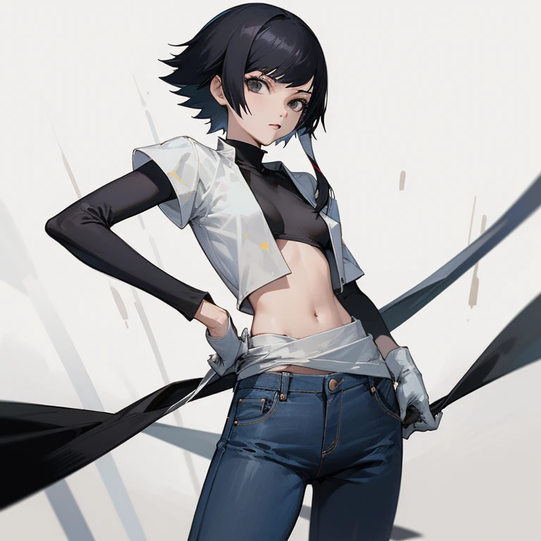 ((highest quality)), ((masterpiece)), (be familiar with), BLEACH,Soi Fon, 1 girl, alone, black hair,slanted eyes, Black clothes,jeans, Slender,slender,short hair with long locks, short hair, small breasts, No bra, gloves, put your hand on your waist