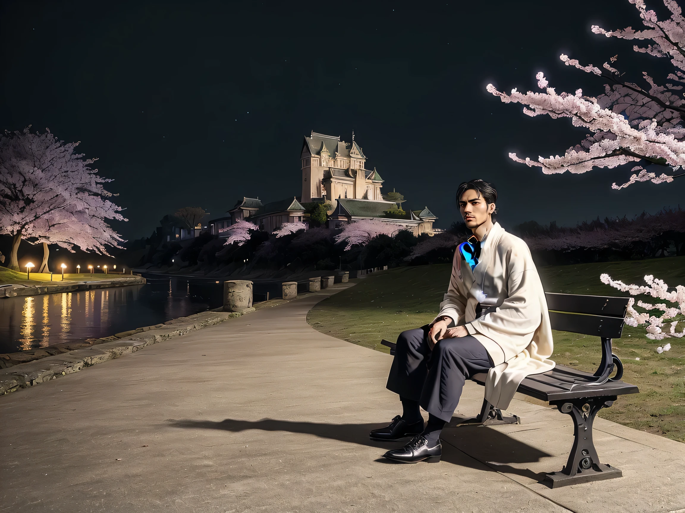 best quality,masterpiece,4k,castle in the background,1man,full body,(wearing imperial robe:1.2),black footwear,oxfords shoes,sitting in bench,nightfall,afterglow,(cherry blossoms),swirling magical energy in the air,faint bioluminescence,ethereal atmosphere,