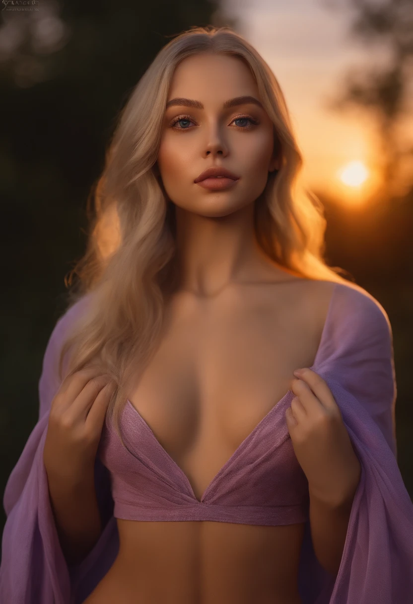 arafed woman fully , ultra realistic, meticulously detailed, portrait sophie mudd, blonde hair and large eyes, selfie of a young woman, violet myers, without makeup, natural makeup, looking at the sunset, back facing camera, stunning full body shot ,, large size bust