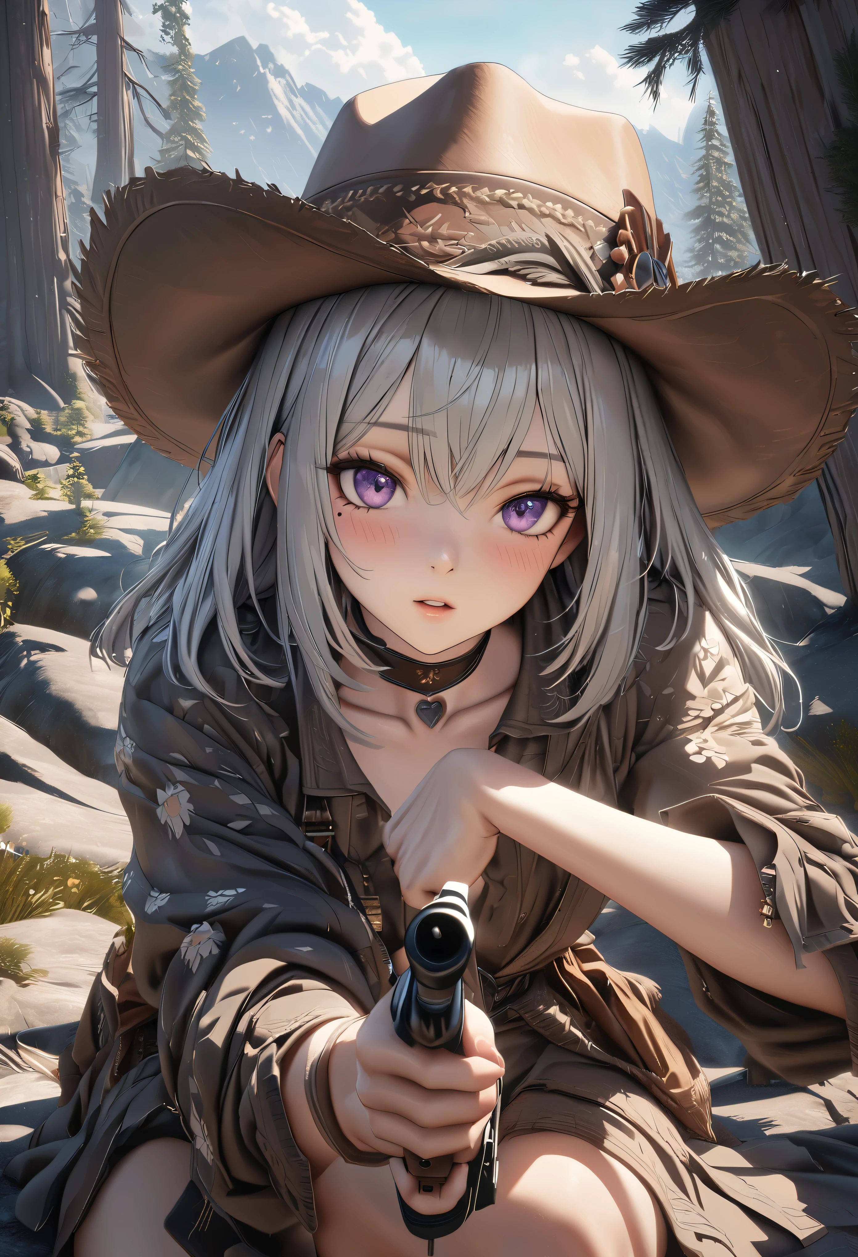 masterpiece,highest quality, Super detailed, High resolution, expensive resolution, HDR, 4k, 8K, unity 8k wallpaper, Super detailed CG, masterpiece, realistic, 2D, 3D, beautiful details, depth, fine texture , super fine: 1.3, Fully focused, Crispy.skin, .he, Very cute anime girl 、Desolate wilderness、cowboy style costume、cowboy hat、cowboy boots、hand gun、mexican wilderness、duel、Standing with a hand gun、long silver hair wearing expensive , one girl、alone, long silver hair, cowboy style、cowboy hat、hand gun、duel、cowboy bootole under the eye, looking at the viewer , expensive , blush, mole, parted lips, hair ornaments, heart, purple eyes, choker