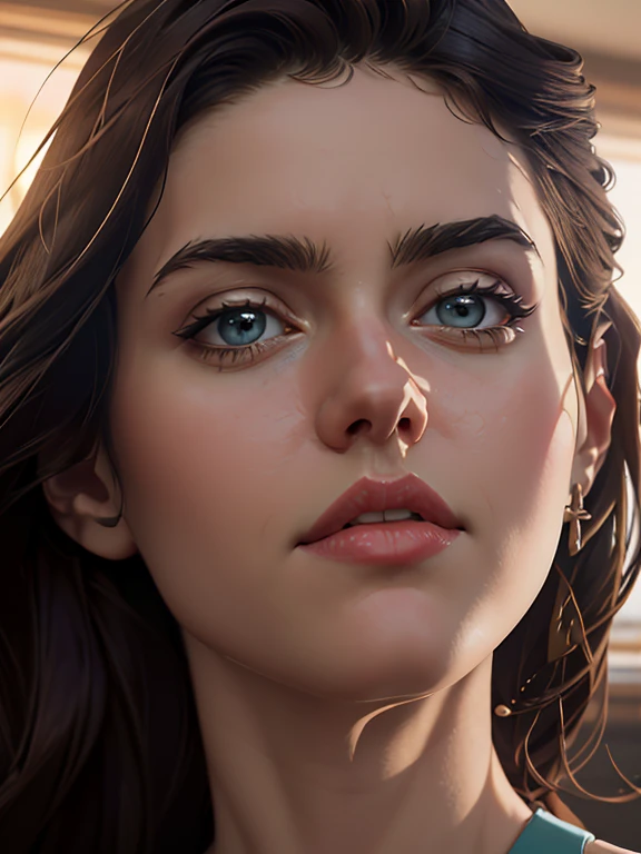 Cartoon style digital illustration Cartoon style portrait mode. Cartoon Style Alexandra Daddario and Jennifer Connelly are close to each other, with calm and confident expressions. Both are illuminated by a soft light, highlighting your stunning facial features. Estilo Cartoon Alexandra, com seus olhos azuis penetrantes e cabelos escuros soltos em ondas suaves, is wearing an elegant dress that highlights her silhouette. Jennifer, with her classic beauty and lush dark hair, complementa o visual com um traje sofisticado e discreto. O fundo branco, directing all the attention to the beauty of the two actresses. Estilo Cartoon