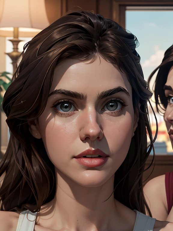 Cartoon style digital illustration Cartoon style portrait mode. Cartoon Style Alexandra Daddario and Jennifer Connelly are close to each other, with calm and confident expressions. Both are illuminated by a soft light, highlighting your stunning facial features. Estilo Cartoon Alexandra, com seus olhos azuis penetrantes e cabelos escuros soltos em ondas suaves, is wearing an elegant dress that highlights her silhouette. Jennifer, with her classic beauty and lush dark hair, complementa o visual com um traje sofisticado e discreto. O fundo branco, directing all the attention to the beauty of the two actresses. Estilo Cartoon