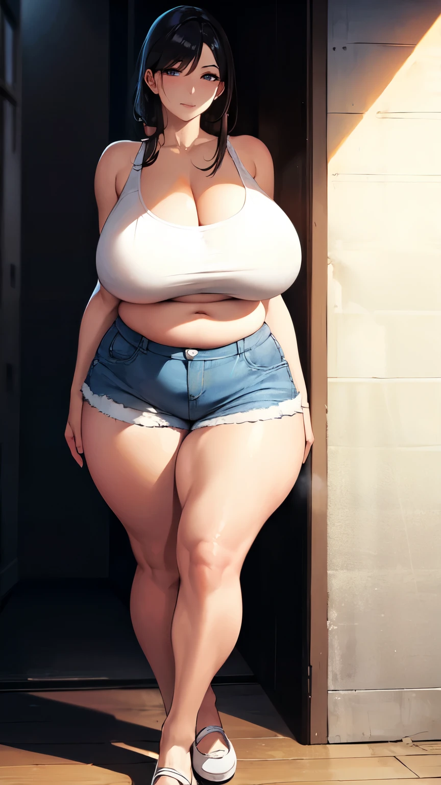 huge breasts, big hips, Tank top, denim shorts, full body shot, mature mother, Whip whip lower body, plump thighs, plump calves, bewitching mature woman, Perfect body, plus size model,