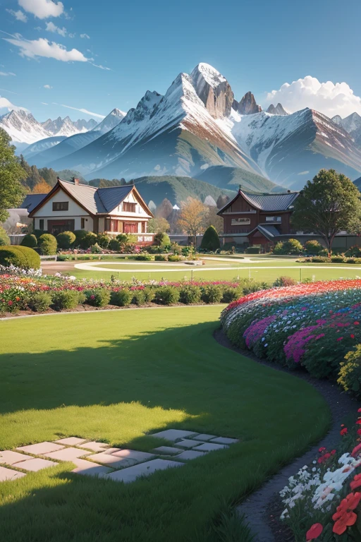 high quality,4k,Snowy mountains in the distance,lawn,flowers,坐落在lawn中的庄园(red brick,White tiles,blue sky)