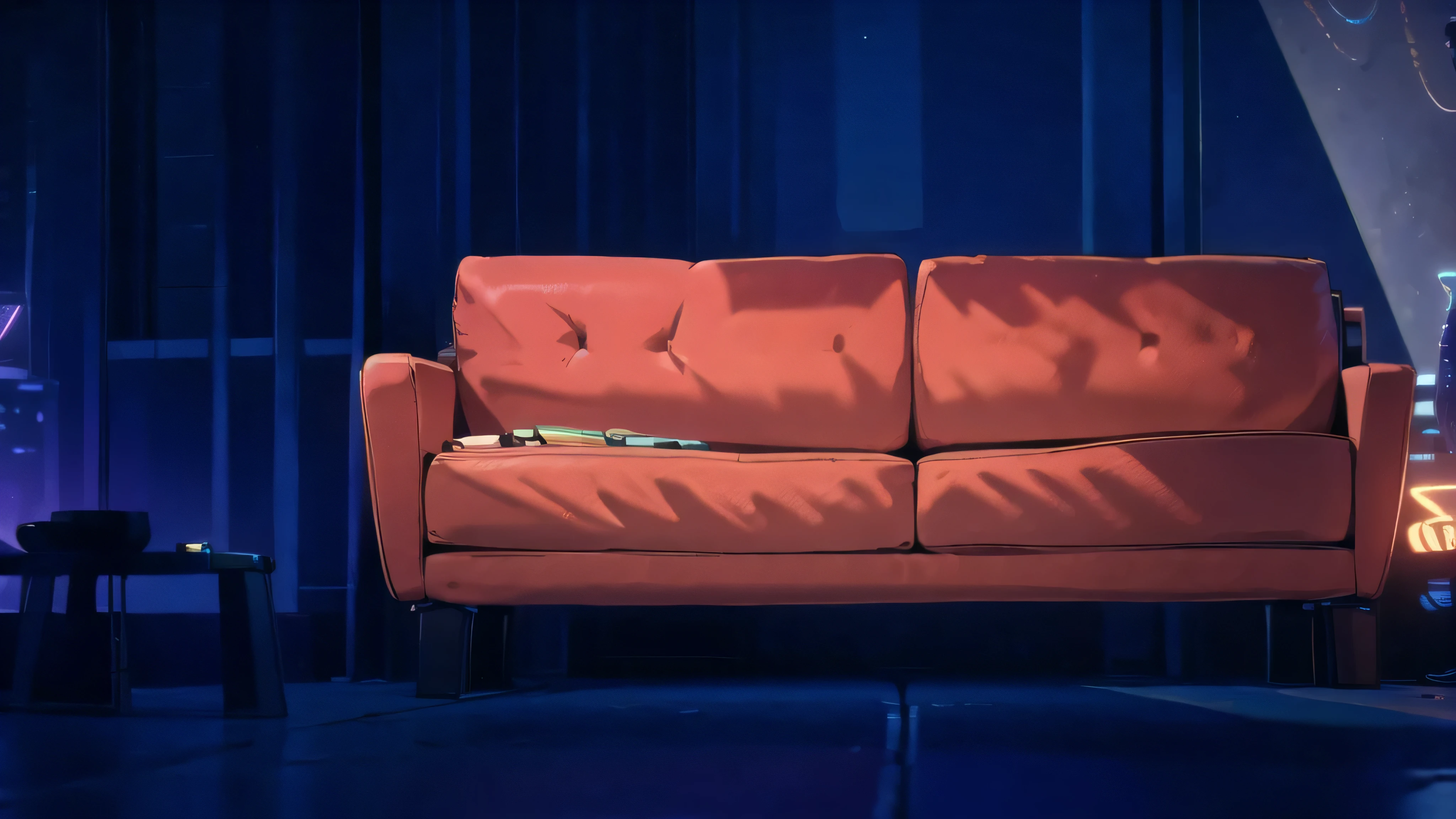 (Sofa in the living room), A coffee table in the foreground,(Cyberpunk living room background),(Living room filled with furniture),Light and shadow mottled,(Floor-to-ceiling windows),(In the distance is the night view of the cyberpunk city),Full of fantasy,digital illustration, (Detailed 2D illustrations), interior background art, Inspired by James Girard, background artwork, background art, night scene,spotlight