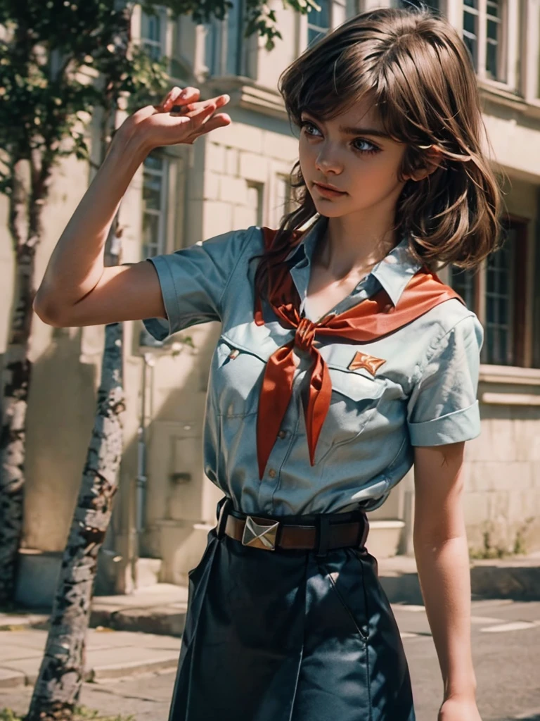 detailed eyes, full height, masterpiece, (((skinny body))), (looking at viewer, 8k vector photography, very young girl, beautiful brown eyes, realistic lighting, detailed outfit, realistic facial features, hyper detail, ((perfect angle, perfect pose)), ((very long brown disheveled hair)), a strand between eyes, flat chest, pioneer neckerchief, pioneer movement soviet pioneer, micro blue skirt, bangs, shirt, , collarbone, very toght white shirt, short sleeves, collared shirt, belt, neckerchief, eyelashes, red neckerchief, pocket, breast pocket, parororo, 