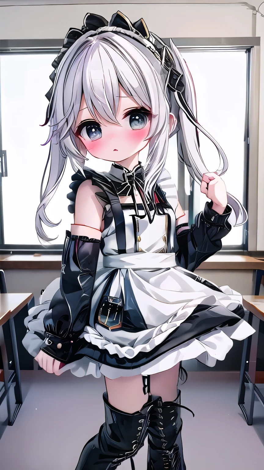 white hair，****，Nasida，maid outfit，Shy，blush，black boots，Classroom scene，for the audience，stand