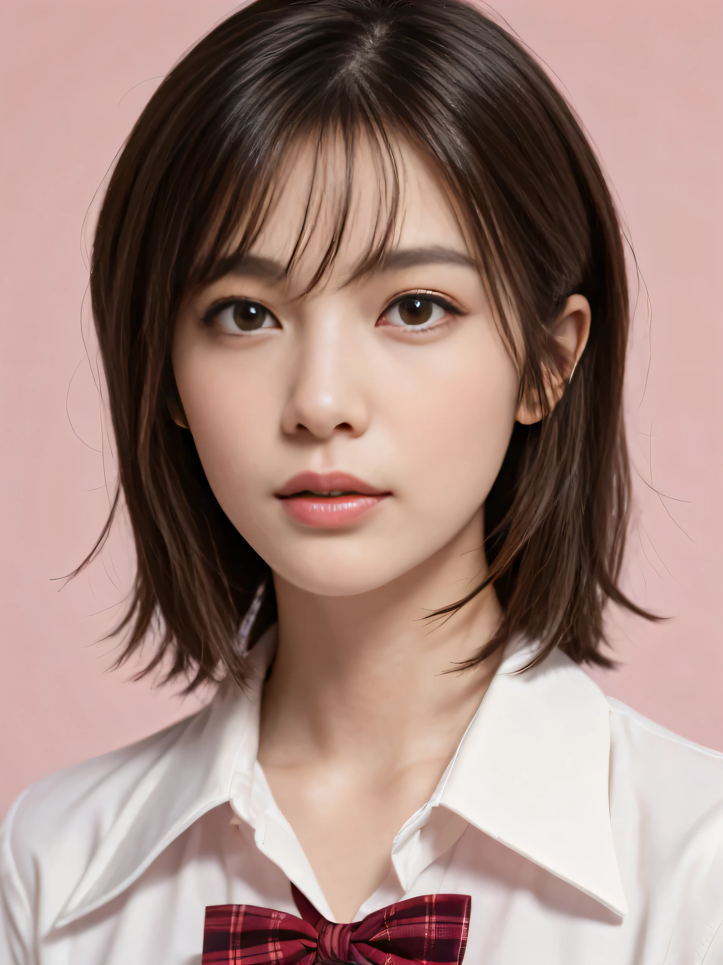 (Chez SFW), (1 fille:1.3), (Portrait), (balle au-dessus du genou), Japonais, mannequin de 17 ans, Mince, *******************, se concentrer sur le visage, (regarder le spectateur:1.37), (la plus haute qualité:1.4), 32k resolution, (Realistic:1.5), (Super Realistic:1.5), Haute résolution 32k UHD, (chef-d&#39;artwork:1.2)), (Quality improvement:1.4), (très beaux détails du visage), (Highest quality Realistic skin texture:1.4), (anatomie parfaite:1.2), ((uniforme scolaire, patterned ribbon tie, chemise à col rose:1.15)), ((jupe plissée à carreaux rouge)), (Ne pas souligner le haut du buste), (Simple pink gradient background:1.37), Precise fingers, super detailed, Yeux noirs clairs, symmetrical eyes, ((voir l&#39;audience)), maquillage naturel, pink lipstick, ((Un bon œil pour la qualité:1.2)), (fatigue, endormi et satisfait:0.0), (beautiful lips:1.33), (nez fin:1.2), poitrine moyenne, (poitrine lourde:1.05, Bas du corps élancé), cheveux bruns, (Hair cut into long hair:1.37), Visage anxieux, Une lumière douce frappe votre visage et votre corps,Professional cinema lighting, Carl Zeiss, 85mm f/4,