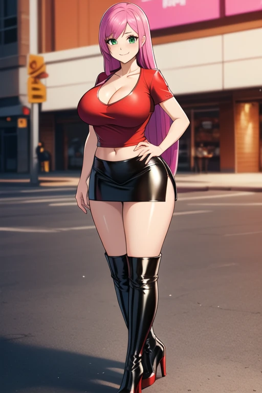 1 girl, 19 years old, Long pink hair, green eyes with slit pupils, master-piece, best quality, (standing up), (red shirt), (long red v-neck crop t-shirt, black leather pencil mini skirt, patent leather high heel boots, cleavage), (Big , ultra gigantic , Super super big, Glamorous body), Make eye contact with the camera, front figure, looking forward, (light_Smile:1.5), (Detailed hands and fingers:1.2) (Cyberpunk City), (FULL BODYSHOT), thighs thighs thighs thighs、beauty legs、
