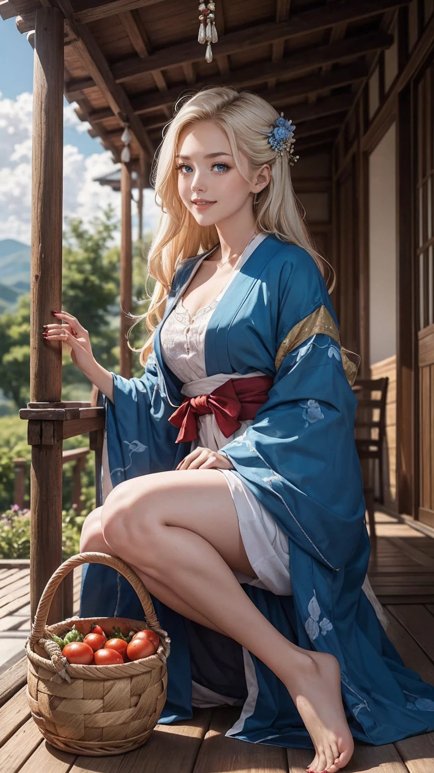 ((最high quality, 8K, masterpiece: 1.3, Ultra HD, high quality, 最high quality, High resolution, realism)) 、A 22-year-old extremely beautiful white woman、Her hair color is platinum blonde、blue eyeedium hair、straight hair、The hair is shiny、The skin is lustrous、smile、Slender but well-proportioned muscular body、Athlete-like body type、I don't want my head to disappear from the screen.、Wearing accessories on your wrist、Wearing red nail polish、I have a peticure、Sitting on the veranda of a Japanese house in the Japanese countryside、It's summer、A wind chime is hung in front of the eaves.、barefoot、There is a basket full of tomatoes and carrots on the veranda.、The basket is made of woven bamboo strips、A courtyard spreads out in front of the verandah.、There is a well with a hand pump in the courtyard.、wear a yukata、The blue sky is beautiful、Cumulus clouds appear、summer sunshine、anatomically correct((anatomically correct))、Ultra high definition((UHD))、textured skin((textured skin))、very detailed((super detail))、high detail((high details))、smile showing teeth((grin))