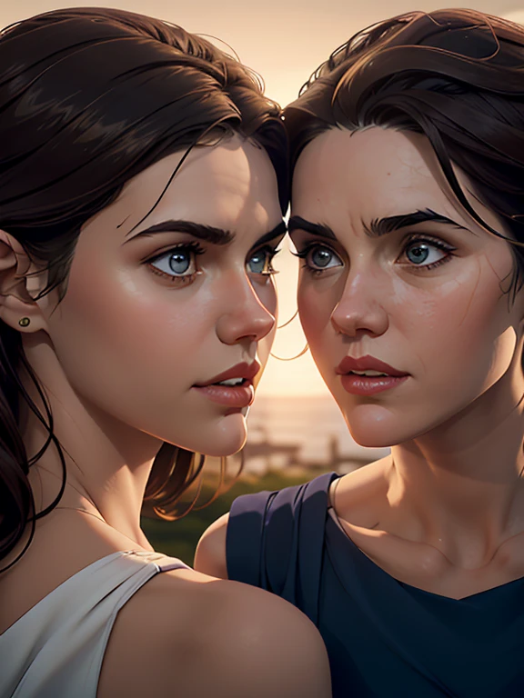 Cartoon style digital illustration Cartoon style portrait mode. Cartoon Style Alexandra Daddario and Jennifer Connelly are close to each other, with calm and confident expressions. Both are illuminated by a soft light, highlighting your stunning facial features. Estilo Cartoon Alexandra, com seus olhos azuis penetrantes e cabelos escuros soltos em ondas suaves, is wearing an elegant dress that highlights her silhouette. Jennifer, with her classic beauty and lush dark hair, complementa o visual com um traje sofisticado e discreto. O fundo branco, directing all the attention to the beauty of the two actresses. Estilo Cartoon