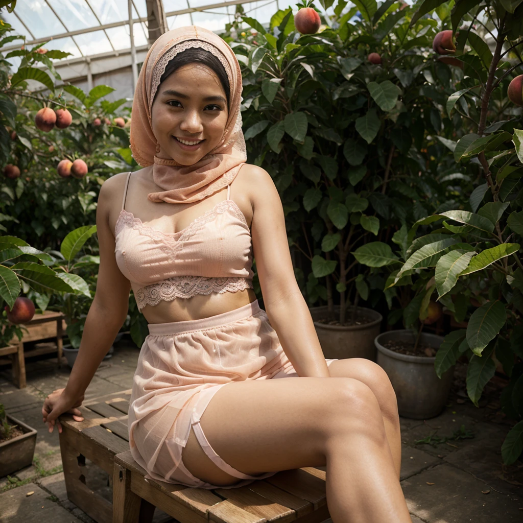 Realistic photo depicting 1 Indonesian woman in hijab, villager, poor woman, 18 years old, wearing peach color hijab jilbab, wearing see-through peach color lace camisole, wearing very short see-through peach color lace skirt, wearing no footwear, smiling, dark skin, curvy body, short body, sitting alone on a stool in fruit greenhouse, facing the camera, making it very realistic and detail