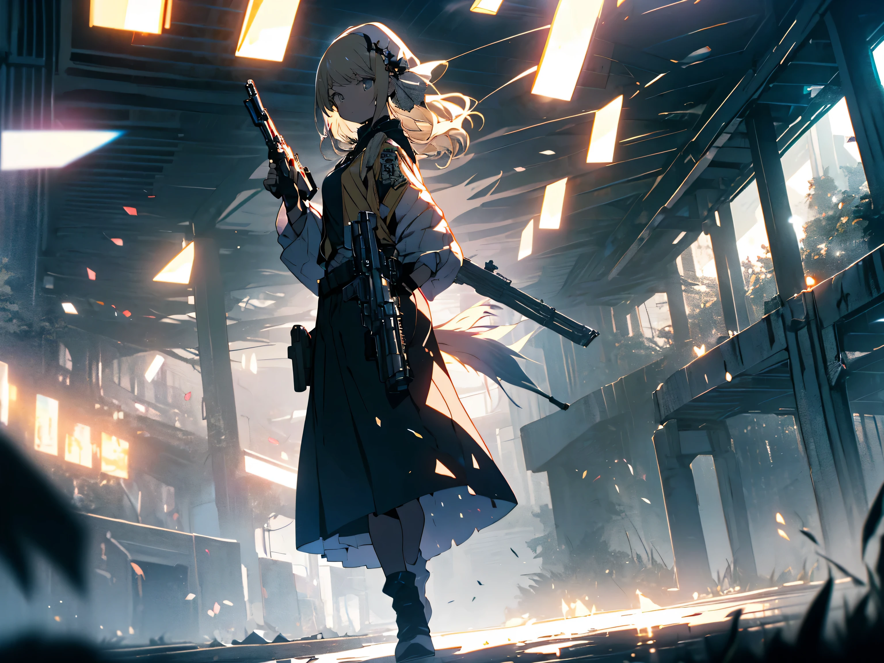 (highest quality、masterpiece、High resolution、detailed)、(Shining eyes、detailed beautiful face)、4K、(1 beautiful girl 25 years old)、(blonde hair:1.4、side tail:1.7)、(sister:1.9)、(Holding a gun in one hand:1.7、The gun is pointed at the viewer:1.8)、(cool atmosphere)、(dynamic angle:1.5)、(beautiful anime)、(full body:1.7)、dark fantasy