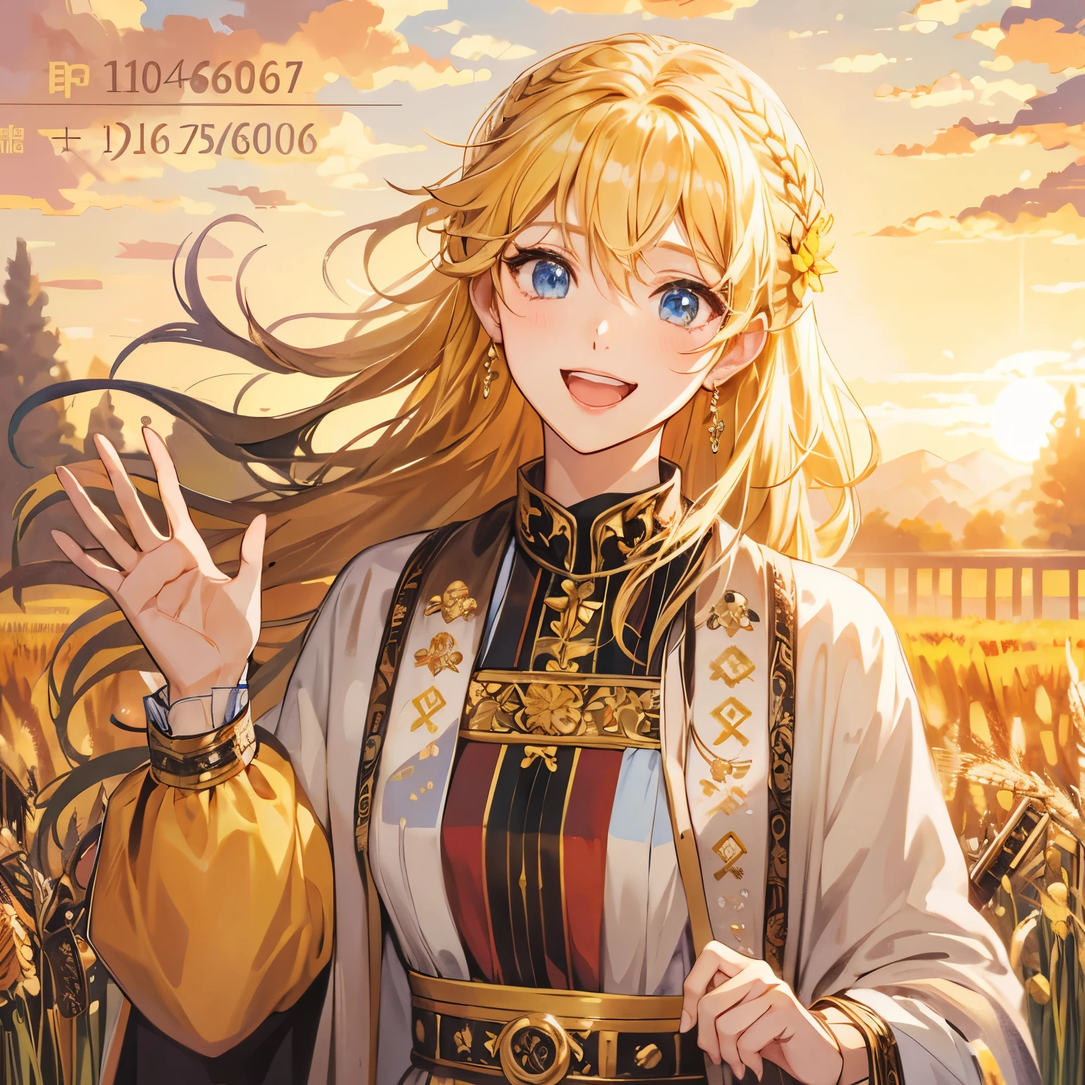 小in the wheat field手を振っているアニメの女の子, blonde long hair anime girl, beautiful sunflower anime girl, beautiful maiden, in the wheat field, official art, the goddess of autumn harvest, beautiful anime portrait, beautiful anime girl, official artwork, long hair anime girl, Cute girl anime visual, shining golden hour, Pixiv contest winners