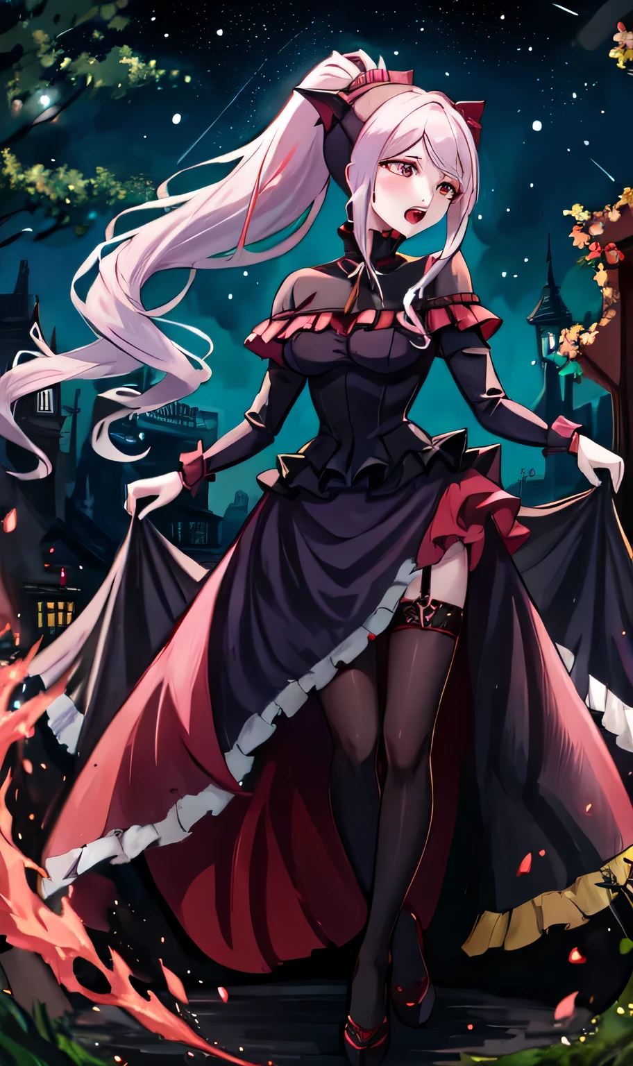 Shalltear Bloodfallen, Shalltear Costume, 1 girl, masterpiece, highest quality, ponytail, outdoor, night, starry sky, vampire, gothic, full body, closed mouth