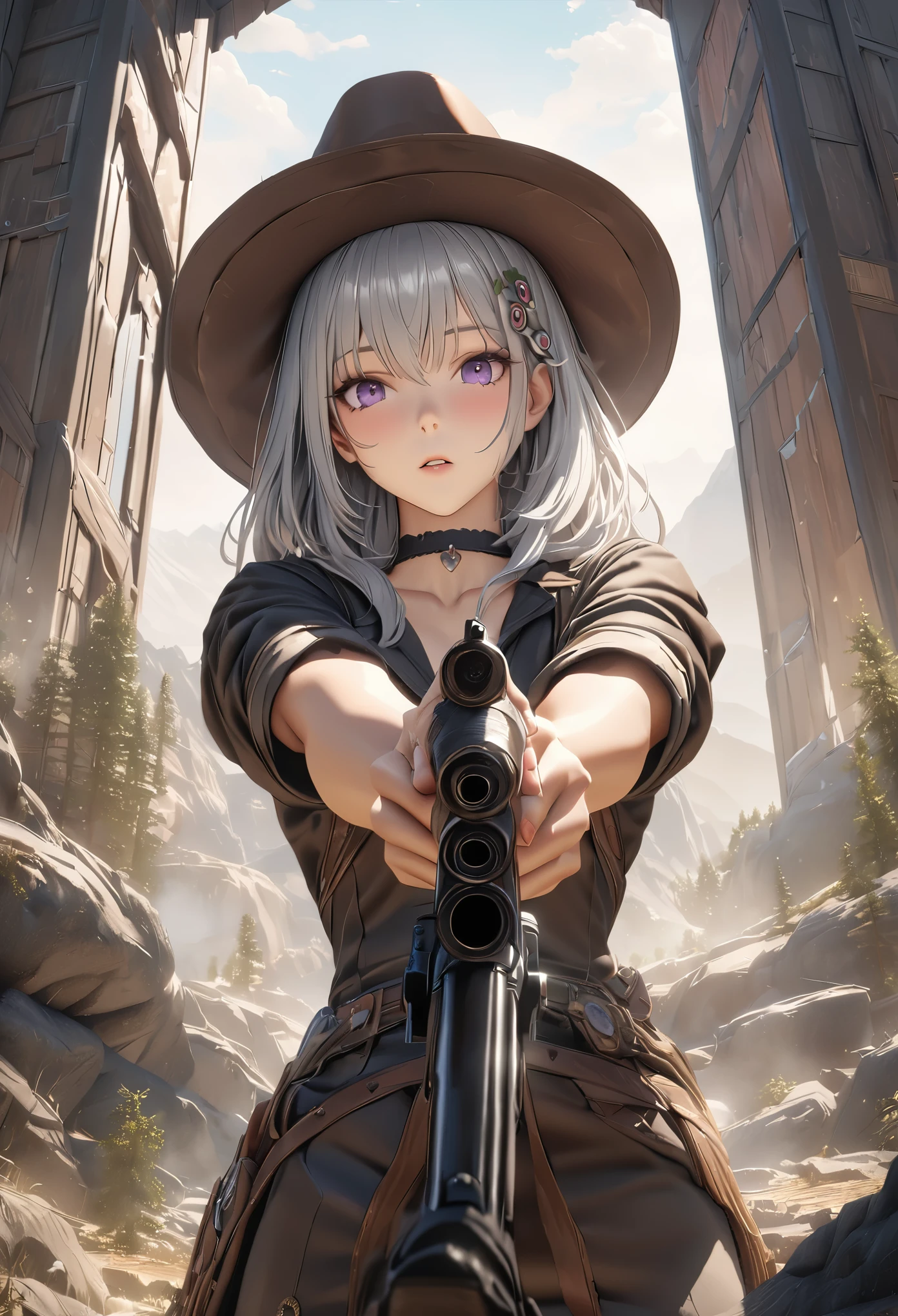 masterpiece,highest quality, Super detailed, High resolution, expensive resolution, HDR, 4k, 8K, unity 8k wallpaper, Super detailed CG, masterpiece, realistic, 2D, 3D, beautiful details, depth, fine texture , super fine: 1.3, Fully focused, Crispy.skin, .he, Very cute anime girl 、Desolate wilderness、cowboy styleの衣装、cowboy hat、cowboy boots、hand gun、mexican wilderness、duel、hand gunを持って立っている、long silver hair wearing expensive , one girl、alone, long silver hair, cowboy style、cowboy hat、hand gun、duel、cowboy bootole under the eye, looking at the viewer , expensive , blush, mole, parted lips, hair ornaments, heart, purple eyes, choker