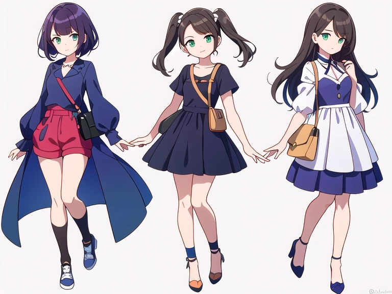 (((Best Quality))) , ((full body)), 4 lady, multiple views, white background, variety of hairstyles, variety of fashion styles, seductive pose, fashionable and trendy atmosphere, holding bag, spring outfits, walk pose, dark blue/dark orange/dark green/dark violet/brown/white, short shorts,