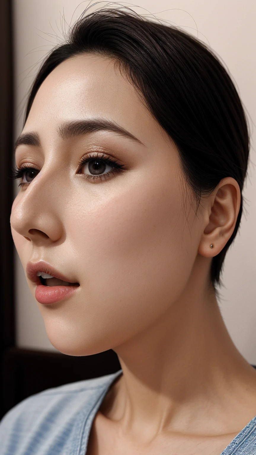 masutepiece,,award - winning photo, Extremely detailed, edgOrgasm,Face Focus Face、35 year old、A dark-haired、Glossy skin、Close-up of face,(Super close-up of nose,Face shot),low angles:1.5,(Realistic nostrils)、Lens Distortion Removal、Reproduction of pores、profile、1girl in,Beautiful woman with straight nose、short cut hair、