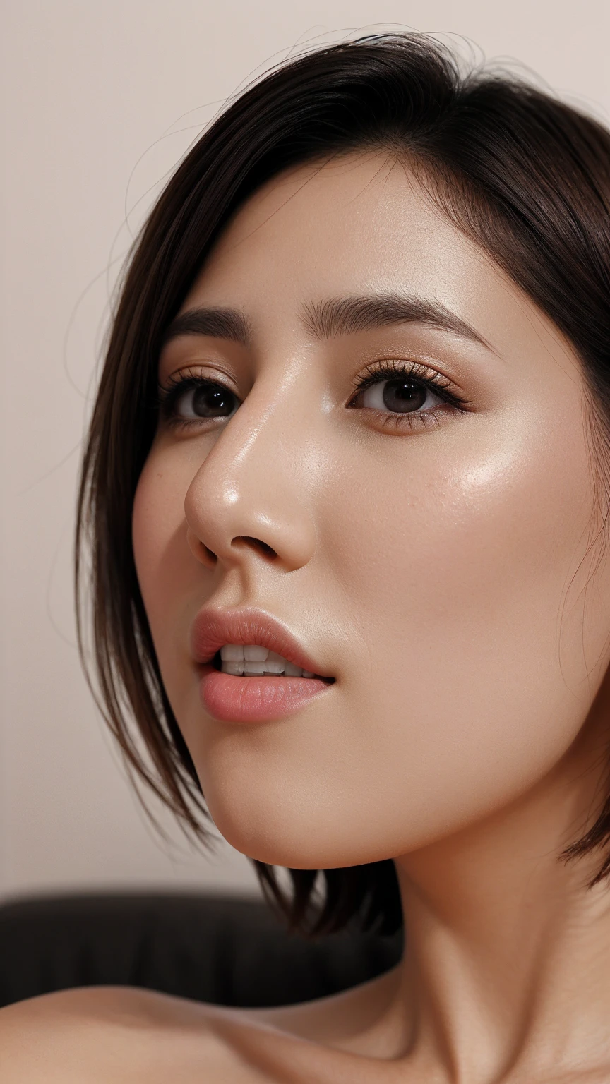 masutepiece,,award - winning photo, Extremely detailed, edgOrgasm,Face Focus Face、35 year old、A dark-haired、Glossy skin、Close-up of face,(Super close-up of nose,Face shot),low angles:1.5,(Realistic nostrils)、Lens Distortion Removal、Reproduction of pores、profile、1girl in,Beautiful woman with straight nose、short cut hair、