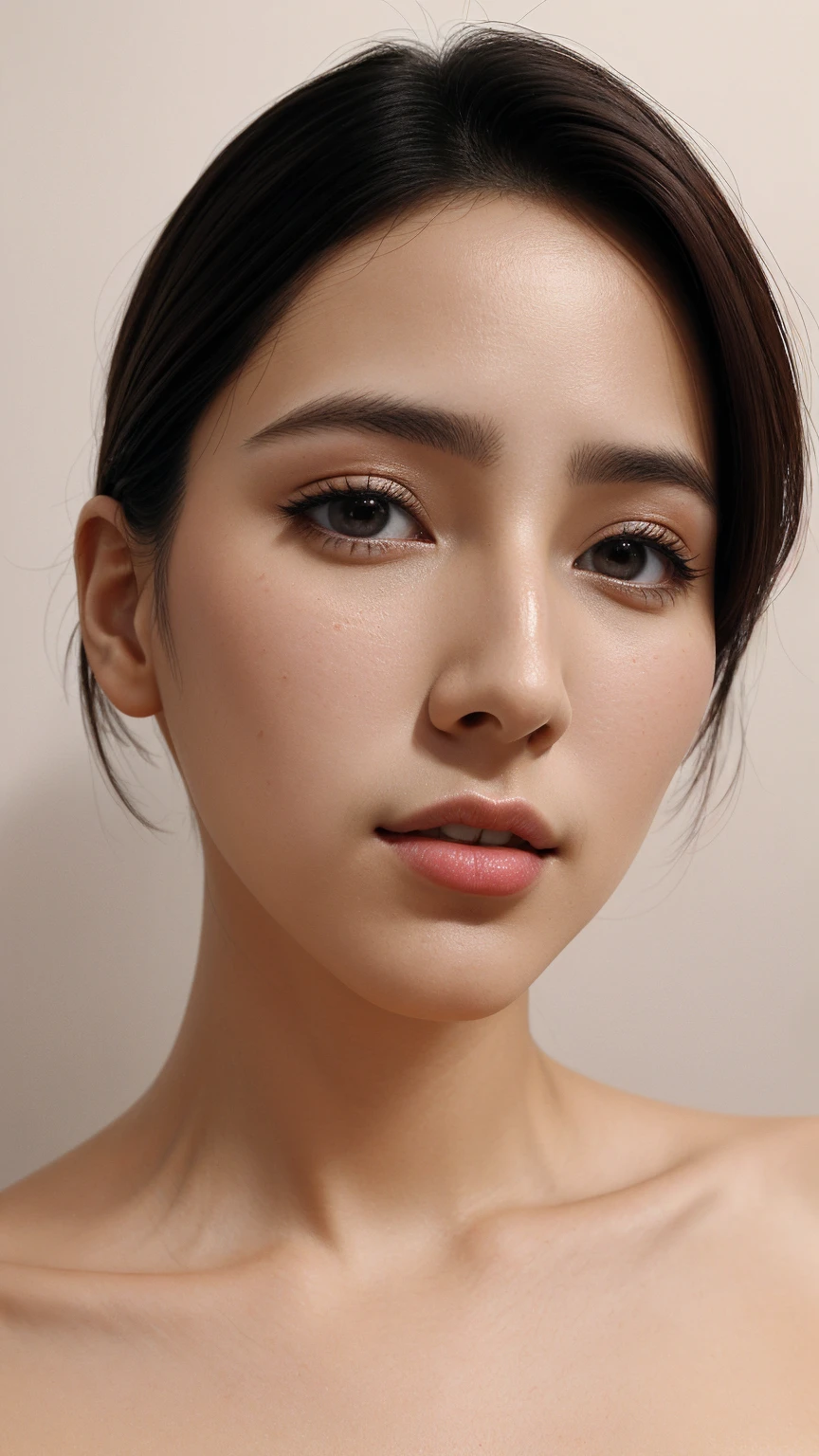 masutepiece,,award - winning photo, Extremely detailed, edgOrgasm,Face Focus Face、35 year old、A dark-haired、Glossy skin、Close-up of face,(Super close-up of nose,Face shot),low angles:1.5,(Realistic nostrils)、Lens Distortion Removal、Reproduction of pores、profile、1girl in,Beautiful woman with straight nose、short cut hair、
