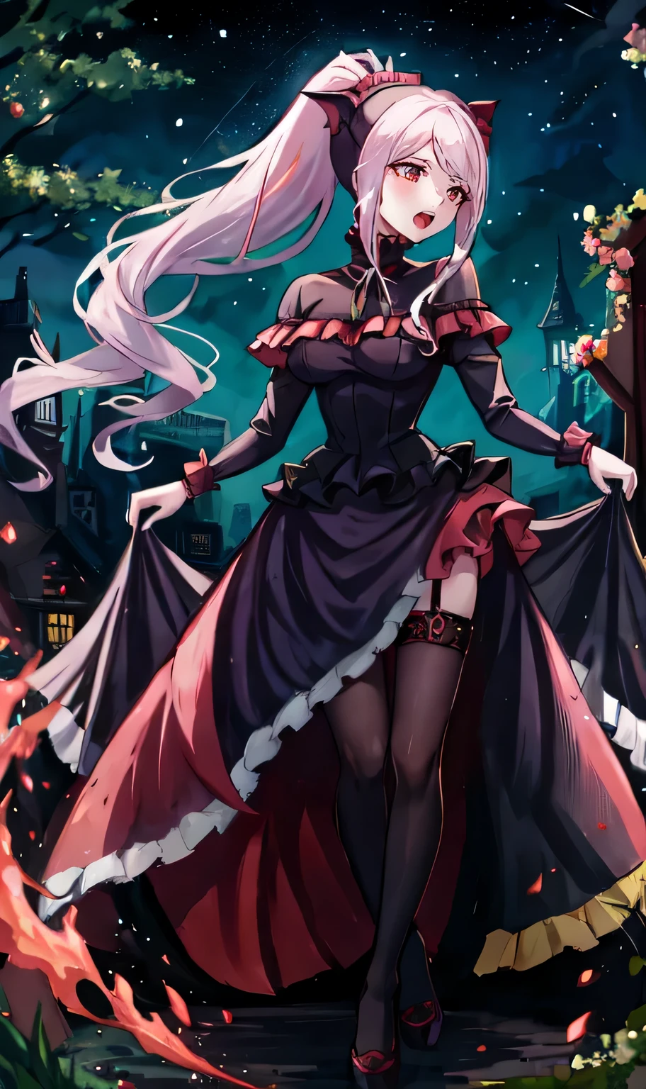 Shalltear Bloodfallen, Shalltear Costume, 1 girl, masterpiece, highest quality, ponytail, outdoor, night, starry sky, vampire, gothic, full body, closed mouth