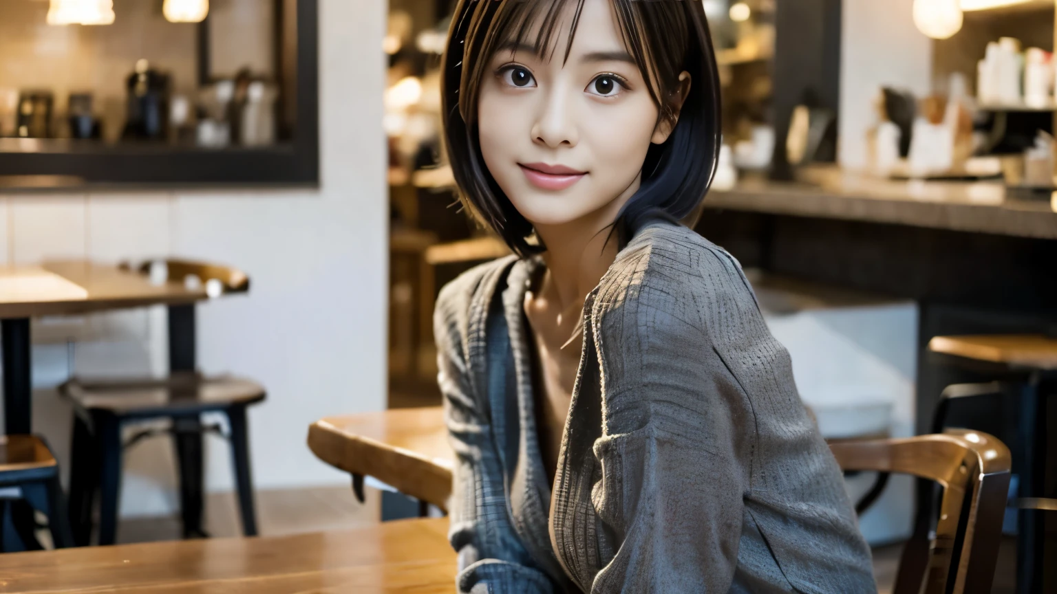 japanese woman, Beauty salon model, 30 years old, slender body shape, small breasts, very thin waist, beautiful face, beautiful eyes, black short hair, She wears tight, Short gray knit dress with open back design., Sitting in a fashionable café, Looking back at you kindly, 1 girl, alone, detailed face and eyes, small fingers and arms. full body photo. realistic, realistic.,