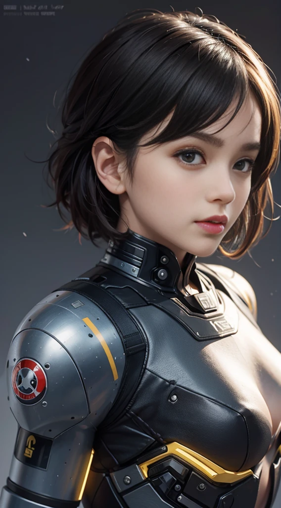 A girl looking at the audience, (front: 1.5), short black hair, bangs, pale yellow mech, mechanical, futuristic, 8k HD image, more details, solid background, (upper body: 1.5), brown eyes, real, bust diagram, realism, high detail, masterpiece, UHD, masterpiece, anatomically correct, super detail, best quality, high resolution, (absolute front: 1.5), (body front: 1.5),