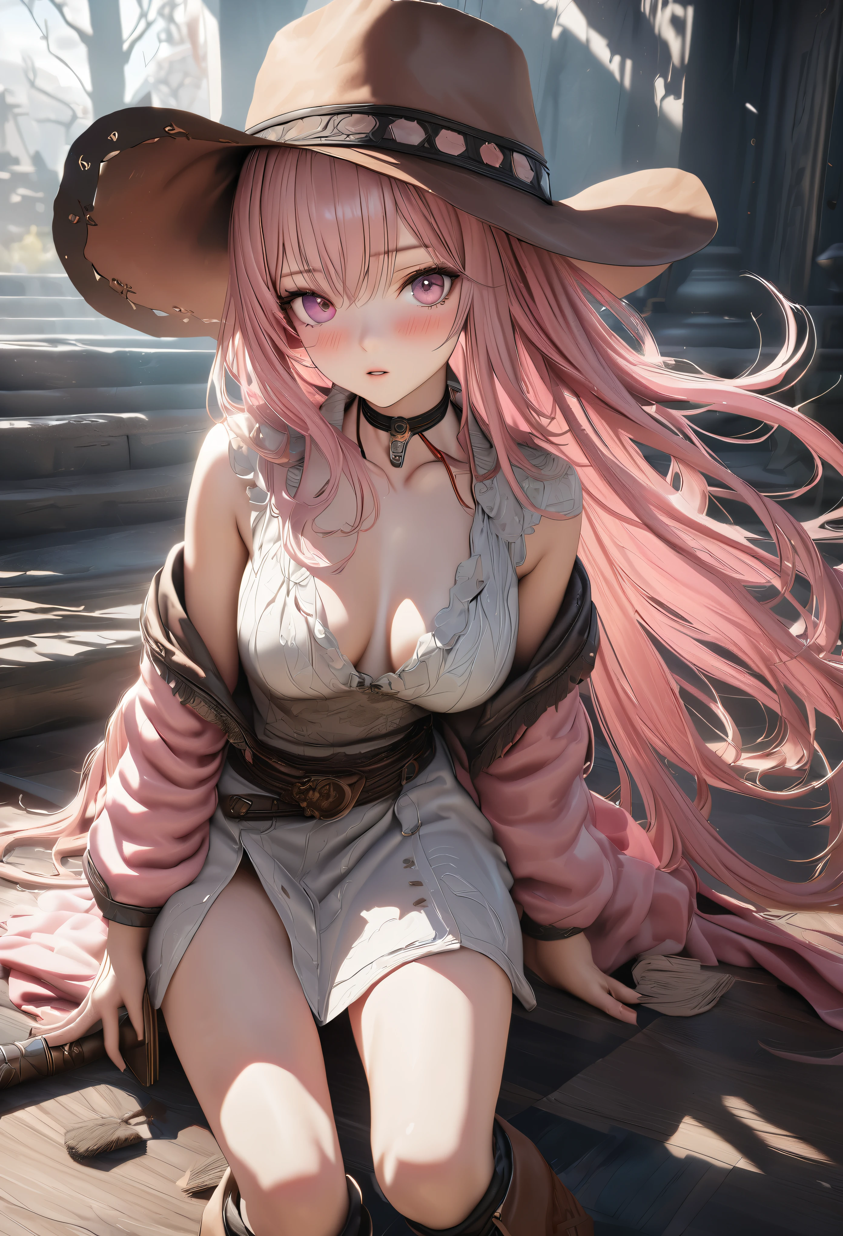 masterpiece,highest quality, Super detailed, High resolution, expensive resolution, HDR, 4k, 8K, unity 8k wallpaper, Super detailed CG, masterpiece, realistic, 2D, 3D, beautiful details, depth, fine texture , super fine: 1.3, Fully focused, Crispy.skin, .he, Very cute anime girl 、cowboy style costume、cowboy hat、cowboy boots technic wilderness、duel、long sword、Pink semi-long hair wearing expensive , one girl、alone, Pink semi-long hair, cowboy style、cowboy hat、long sword、duel、cowboy bootole under the eye, looking at the viewer , expensive , blush, mole, parted lips, hair ornaments, heart, pink eyes, choker