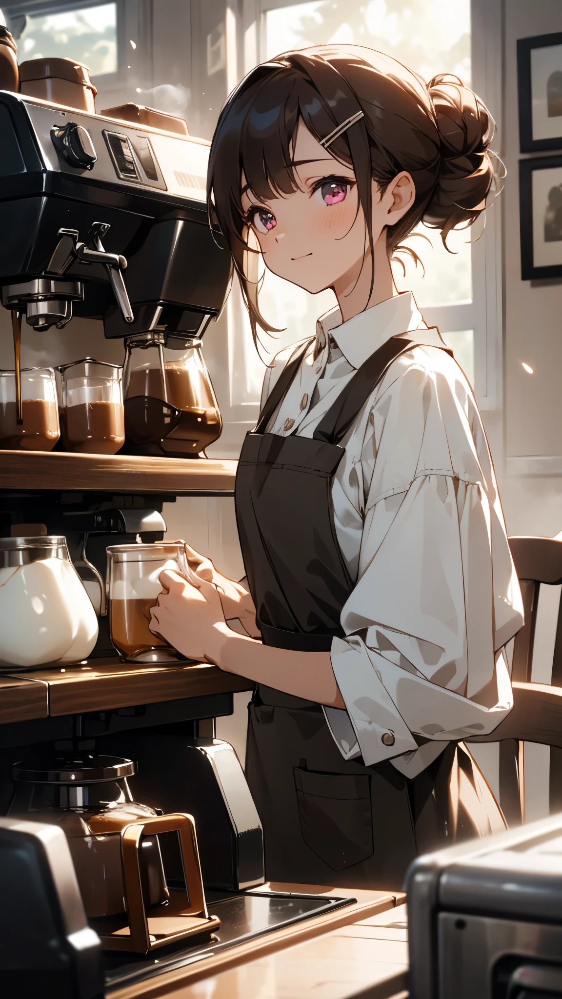 (table top), highest quality, girl working at a coffee shop, She is making coffee in a machine, Coffee making, perfect face, expressive eyes, brown apron, Coffee shop seen from inside, Silver and bob short hairstyle, I tied my hair into a bun with a hair clip., pink eyes, pretty girl,upper body close-up、comfortable, realistic, 4k, Complex, be familiar with, comfortable lights, perfect lighting, tracked light, warm colors, table chair, daily life, modern, elegant, (relaxed atmosphere), peaceful, aromatic,Happy,happiness, white shirt, barista, soft, humble,delicate, kind, contrast, Bright colors, Bokeh, (perfect coffee machine), (soft), shine, shineing eyes
Break she's making coffee, There is a table with a cup on the left hand, There is a coffee machine on the table, Steam is coming out of the cup, Delicious coffee