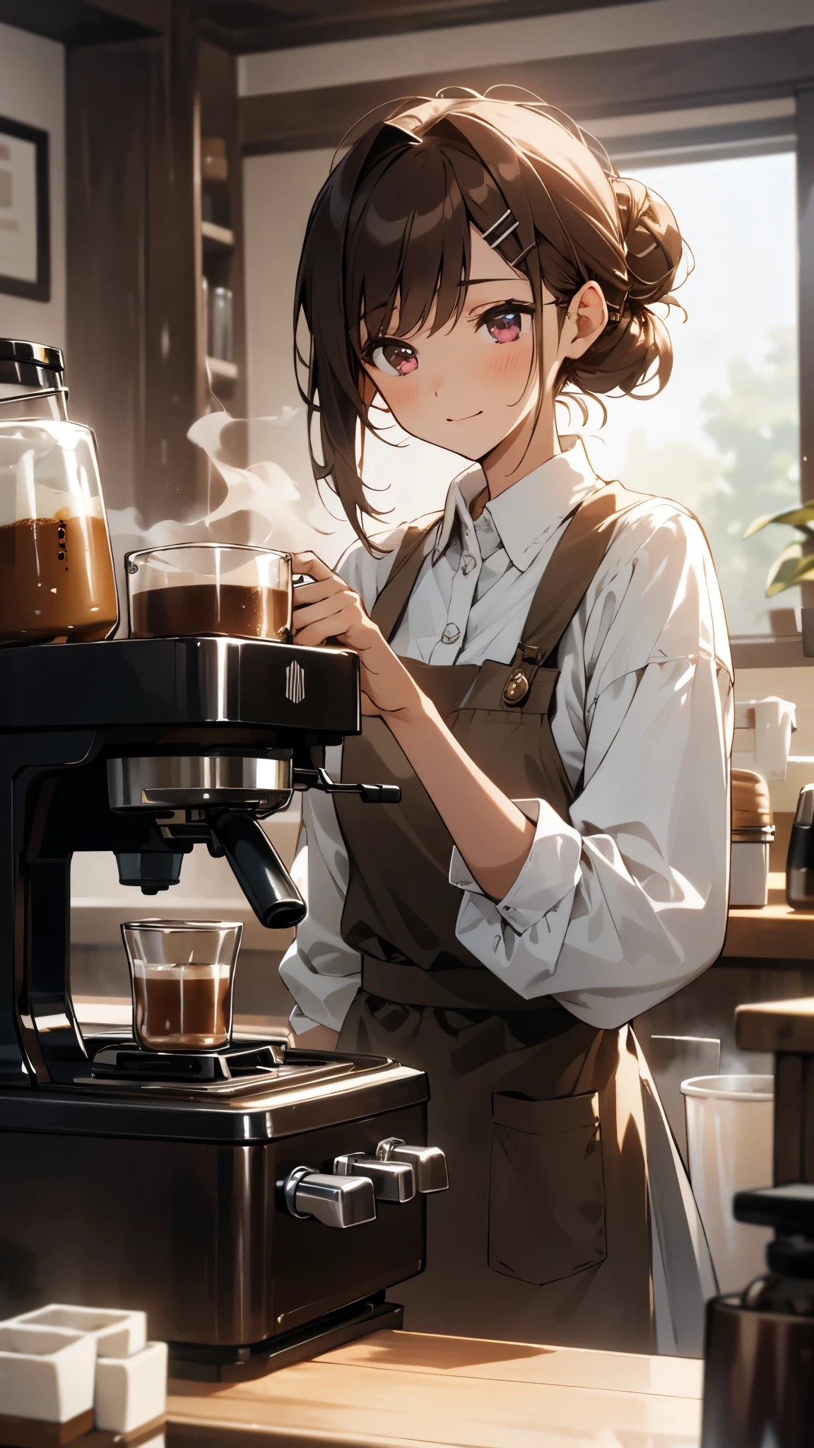 (table top), highest quality, girl working at a coffee shop, She is making coffee in a machine, Coffee making, perfect face, expressive eyes, brown apron, Coffee shop seen from inside, Silver and bob short hairstyle, I tied my hair into a bun with a hair clip., pink eyes, pretty girl,upper body close-up、comfortable, realistic, 4k, Complex, be familiar with, comfortable lights, perfect lighting, tracked light, warm colors, table chair, daily life, modern, elegant, (relaxed atmosphere), peaceful, aromatic,Happy,happiness, white shirt, barista, soft, humble,delicate, kind, contrast, Bright colors, Bokeh, (perfect coffee machine), (soft), shine, shineing eyes
Break she's making coffee, There is a table with a cup on the left hand, There is a coffee machine on the table, Steam is coming out of the cup, Delicious coffee