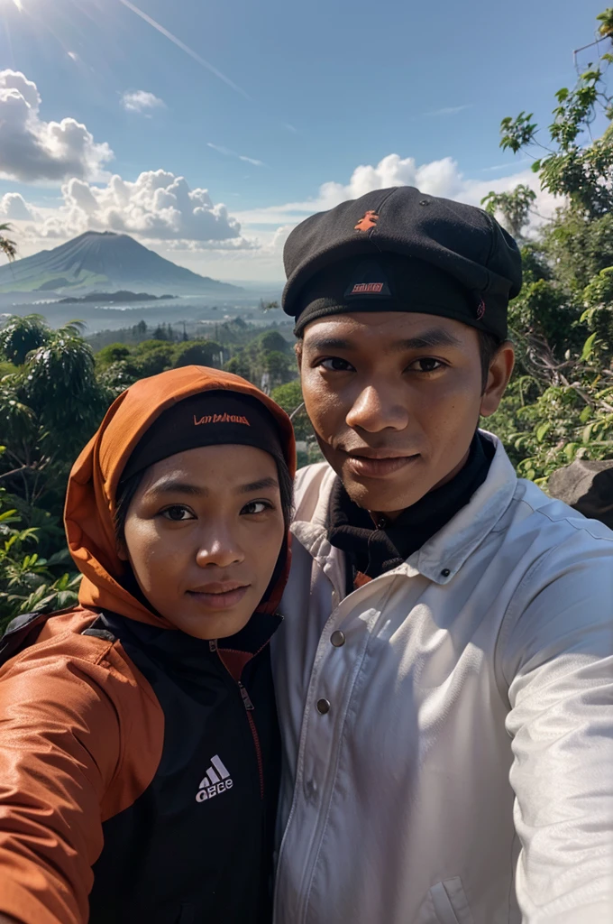 orang sedang foto selfi dengan pemandangan gunung