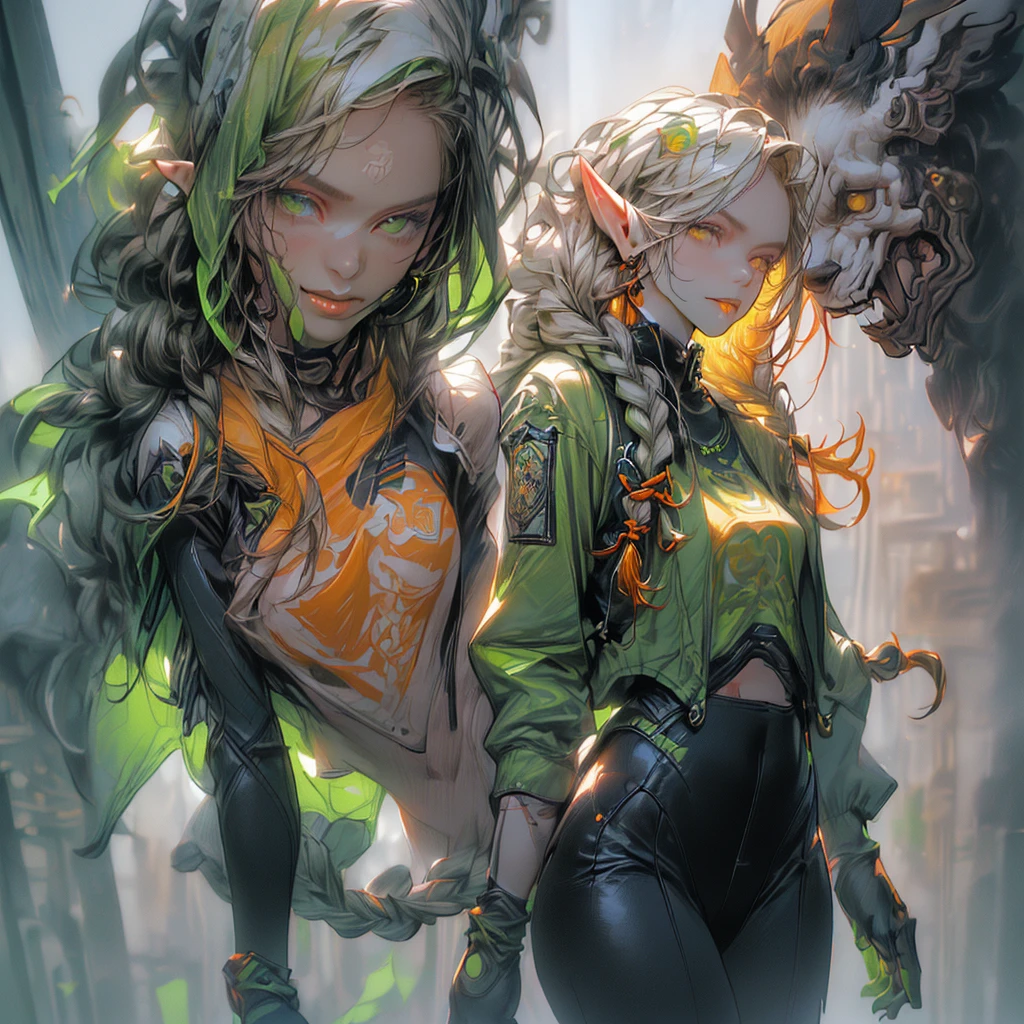 ((Create one girl 16+ years old.), (realistic), (masterpiece, Best quality), (1 elf), (1 girl), (sexy), (One, bangs, red dyed hair) (White armor cyber skulls), (long black tights with gloves)).((close-up), (standing at full height), (mysterious))_((Girl), (green:1.5, orange:1.1, white: 1.3, yellow:1.3))_((very sexy girl with dreadlocks), (tattoos), (????? parts of the body), (down jacket: 1.2), (jacket on a ????? body, T-shirt, thong)) __))_( (Beautiful figure, half-turn 16+ years),(realistic)),((small peach breasts, graceful figure, narrow waist, smooth hips)),((long double braids),(tight braids),(braided hair), (dark hair) ),((red lips)), ((smile)))_ ((((Shiny skin:1.5, white skin, light skin: 1.5)),((sexy), (cute ))_((fractals, Flowers, leaves, fog, lilies, circles background))_((Chiaroscuro, contrast, warm-cold), (atmosphere visualization), (best quality), (Virtual realism))_))) _(((Digital painting, anime style, cyberpunk), (best quality, 4k, high resolution, masterpiece: 1.2)),((ultra-detailed)),((realistic, photorealistic, photorealistic: 1.37)))_(( ( Soft clear shapes, broad strokes, attention to detail)))_(((High quality, 16K | Ultra HD | Full HD))).